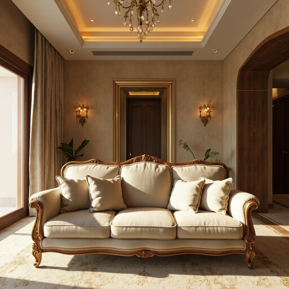 realistic Riyadh villa majlis interior, solid wood sofa, narrow corridor, warm dry daylight, luxury furniture, no text, no people faces, film grain